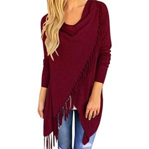 Womens Shawl Type Cowl Long Sleeve Shirt RedWine